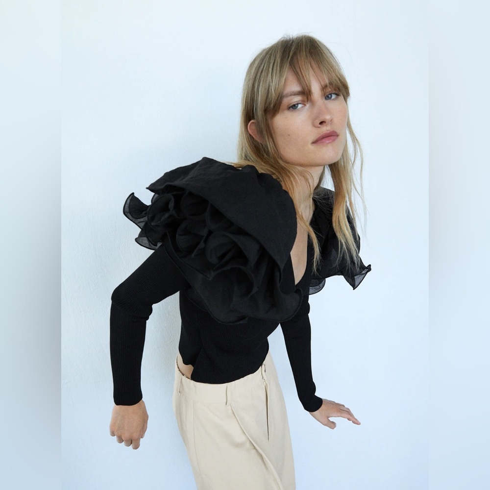 ZARA STUDIO black tulle dramatic shoulders top